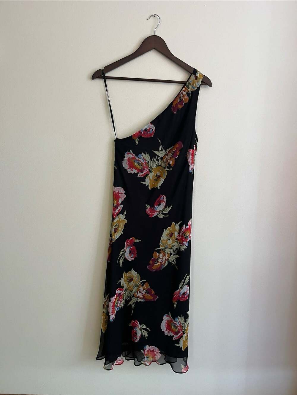 Y2K NWT Ralph Lauren Womens Black Floral Dress 100% Silk Asymmetrical Party NYE